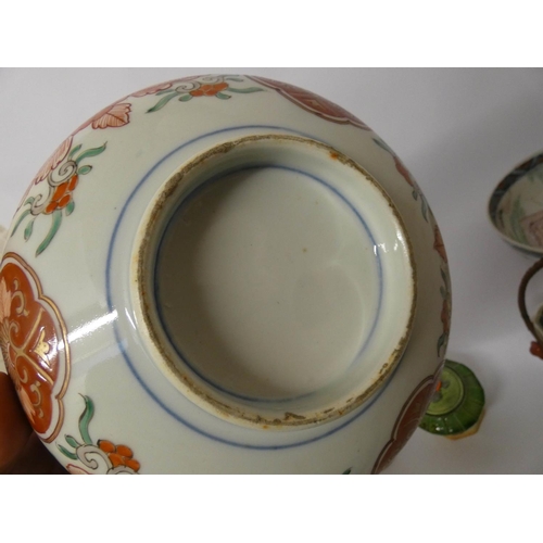 529 - Three various graduated Satsuma fruit bowls and three small honey pots