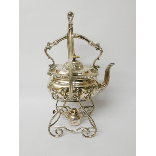 531 - A silver plated spirit kettle on stand with burner, overall height 15