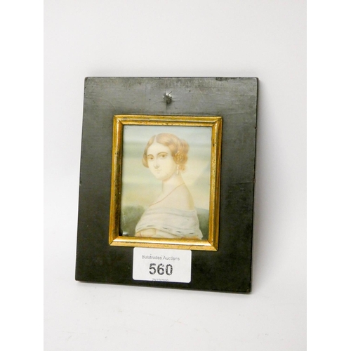 560 - A 19th century ebony framed portrait miniature of a young lady signed Kruger, overall size 5 1/2