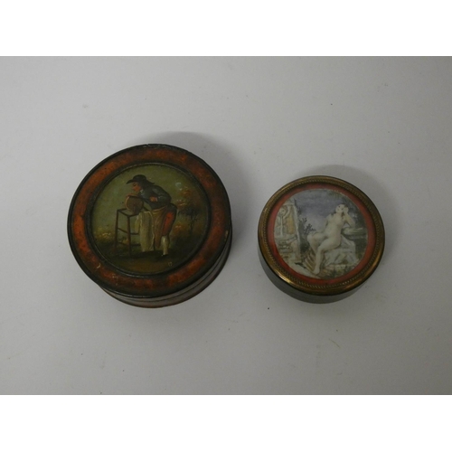 586 - Two antique circular hand painted snuff or patch boxes, largest diameter 8cms