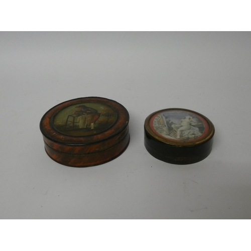 586 - Two antique circular hand painted snuff or patch boxes, largest diameter 8cms