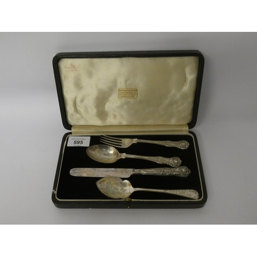 595 - Victorian silver christening set of knife, fork and spoon, London 1874 and another jam spoon - Sheff... 