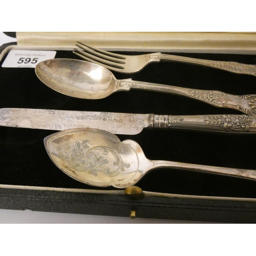 595 - Victorian silver christening set of knife, fork and spoon, London 1874 and another jam spoon - Sheff... 