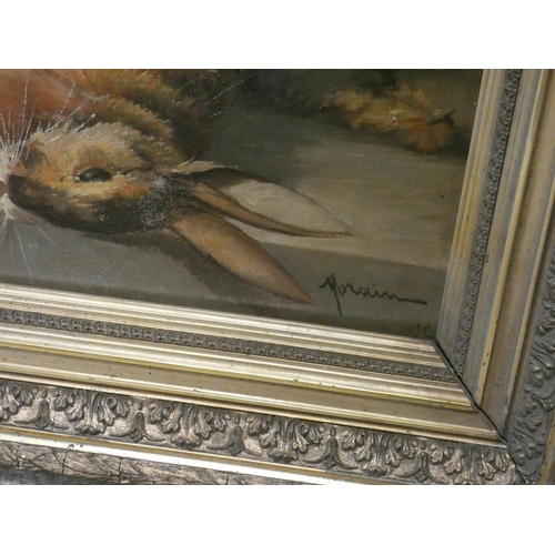 723 - A 19th century gilt framed oil on canvas of dead game, hare and a partridge, indistinctly signed, 14... 