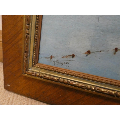 724 - Early 20th century oil on panel of boats on a lake in a walnut frame, 11