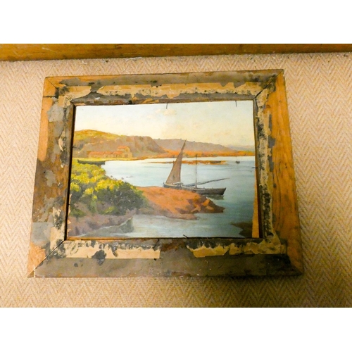 724 - Early 20th century oil on panel of boats on a lake in a walnut frame, 11