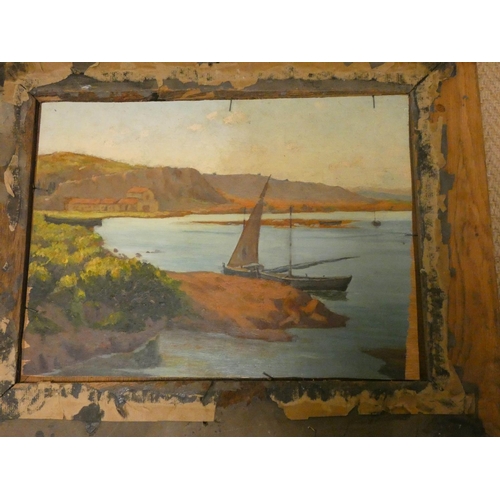 724 - Early 20th century oil on panel of boats on a lake in a walnut frame, 11