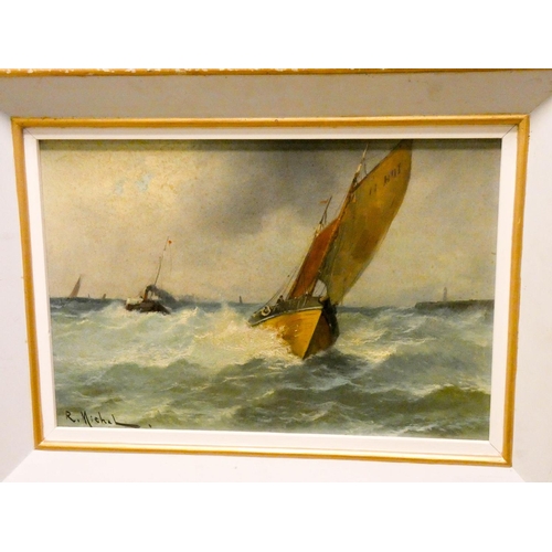 727 - Early 20th century framed oil on canvas of boats at sea, signed 'R Michel', 14