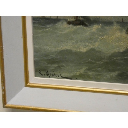 727 - Early 20th century framed oil on canvas of boats at sea, signed 'R Michel', 14