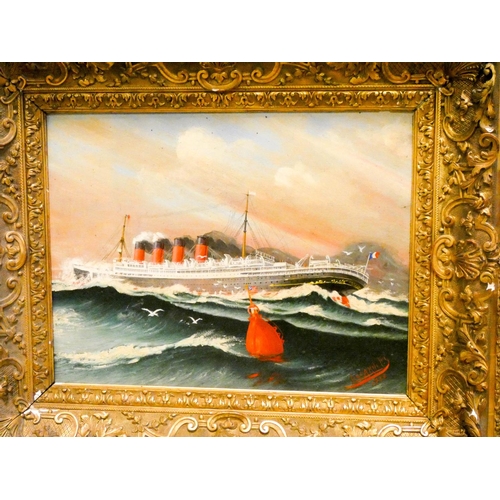 728 - A large gilt framed early 20th century oil on panel of an ocean liner signed 'Liccardi Foiz' 1932, 1... 