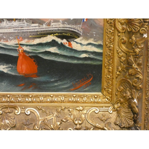 728 - A large gilt framed early 20th century oil on panel of an ocean liner signed 'Liccardi Foiz' 1932, 1... 