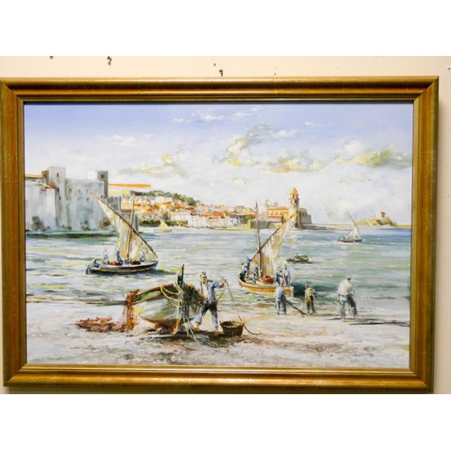 729 - A 20th century oil painting of sailing boats in harbour in gilt frame, signed 'M Dansy' (indistinct)... 