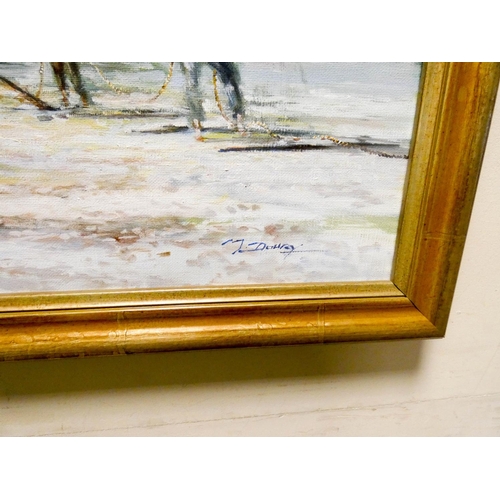 729 - A 20th century oil painting of sailing boats in harbour in gilt frame, signed 'M Dansy' (indistinct)... 