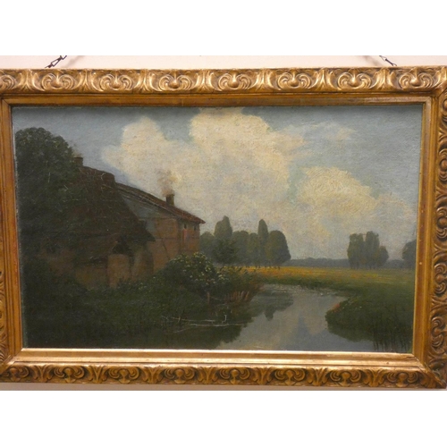 702 - German gilt framed oil painting of river and cottage scene, with poppy field in the distance, 13