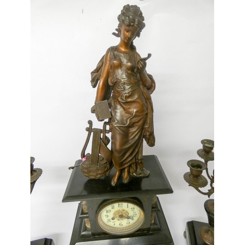 845 - A French three piece clock garniture comprising lady with lute figure mounted black marble striking ... 