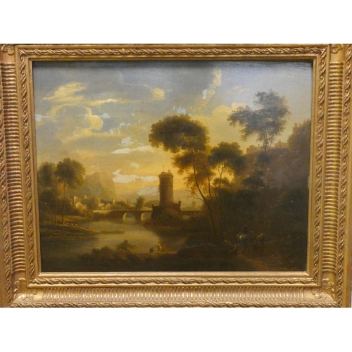 704 - Early Victorian continental oil painting of a landscape scene on wooden panel, indistinctly signed a... 