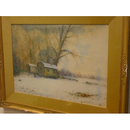 705 - Victorian gilt framed watercolour of a shepherds huts in a snowy landscape, 17