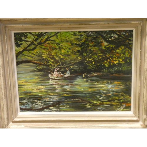 706 - 20th century oil painting of a couple in a rowing boat, 9