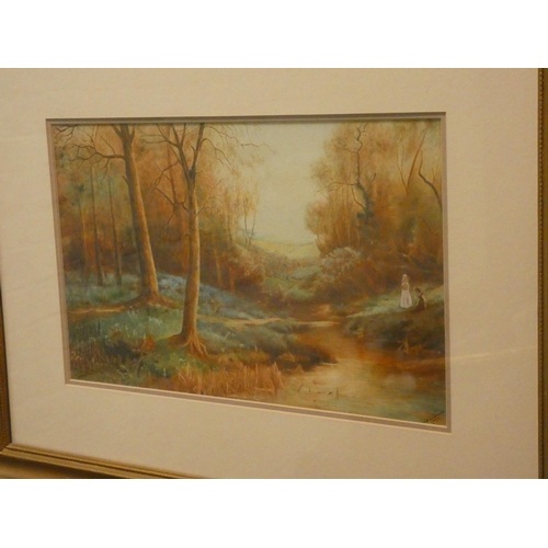 708 - Early 20th century water colour figures in woodland scene, signed 'J.A. Cavanagh' 1917, 10