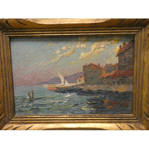 709 - A pair of small oil paintings on panels of coastal scenes in gilt frames, each 6