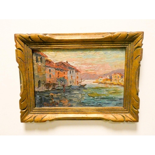 709 - A pair of small oil paintings on panels of coastal scenes in gilt frames, each 6