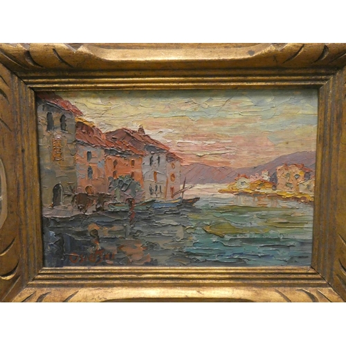 709 - A pair of small oil paintings on panels of coastal scenes in gilt frames, each 6