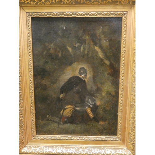 710 - Gilt framed oil on panel of Spanish soldiers hiding in woods, 11 1/2