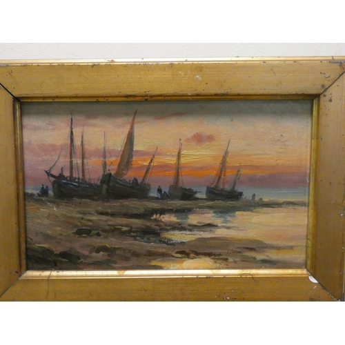 718 - A pair of gilt framed oil on panels of boats on shore scenes, each 6