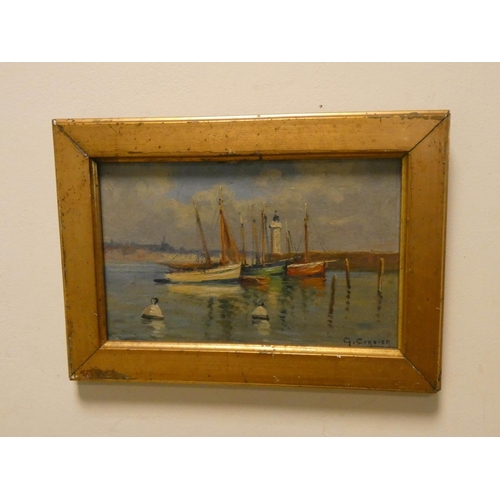 718 - A pair of gilt framed oil on panels of boats on shore scenes, each 6