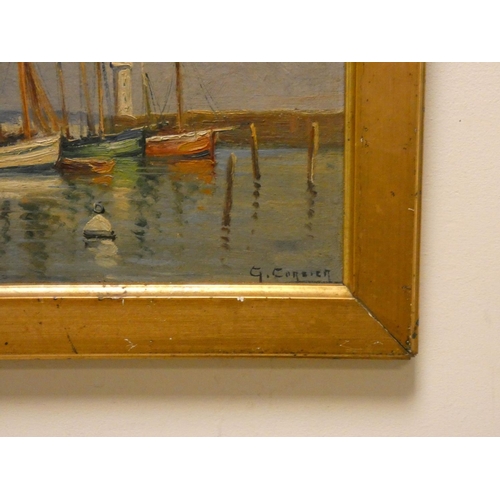 718 - A pair of gilt framed oil on panels of boats on shore scenes, each 6