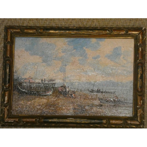 722 - A small gilt framed oil on panel of boats on shore scene, signed 'D Puial', 5 1/2