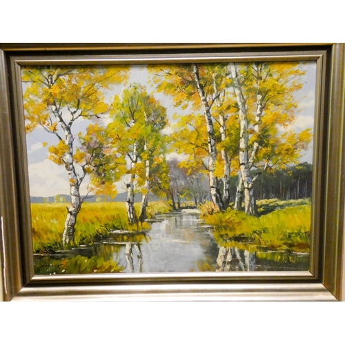 736 - Oil on canvas of a landscape scene with trees and lake, indistinctly signed - looks like Hiscock? 24... 