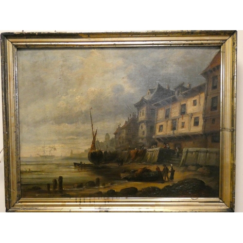 738 - A 19th century oil on canvas of a harbour scene with ships, figures in boats on the shore, indistinc... 