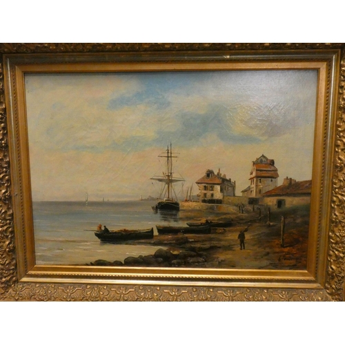 739 - A 19th century oil on canvas harbour scene with tall ship at anchor signed L Fournier, 18