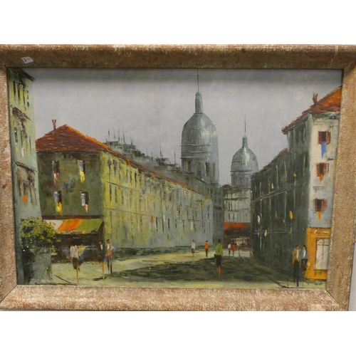 740 - A 20th century oil on canvas of a Paris street scene with figures, 23