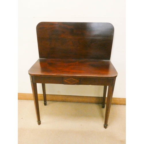 761 - A Georgian inlaid mahogany folding top tea table on square taper legs with spade feet, 3' wide