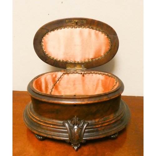 764 - Victorian walnut oval trinket box with carved rose handle to the lid, 10