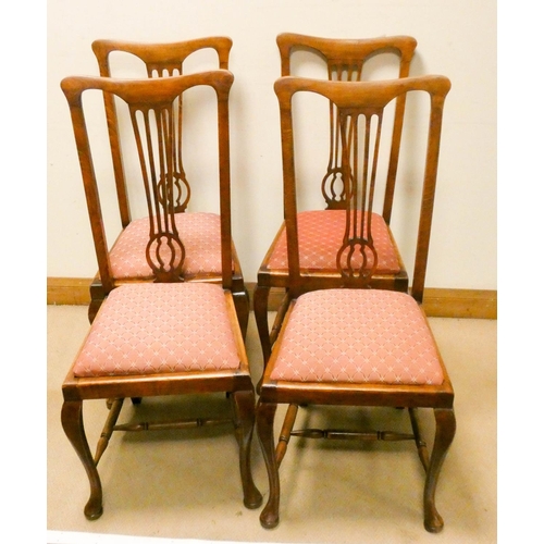 770 - A set of four Edwardian mahogany high backed dining room chairs standing on cabriole legs with pink ... 