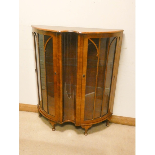 788 - A 1950's walnut 'D' shaped china display cabinet on cabriole feet, 3'6 wide