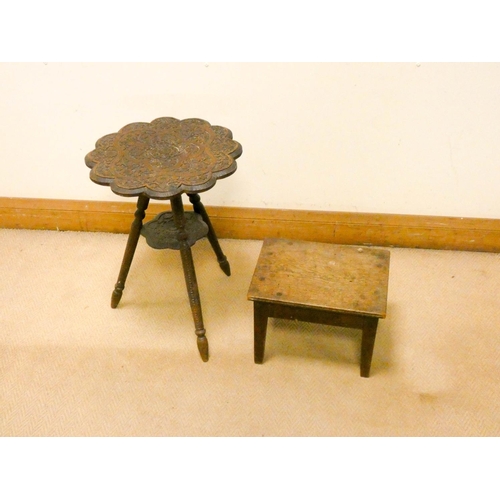 803 - A floral carved shaped occasional table and a small oak stool