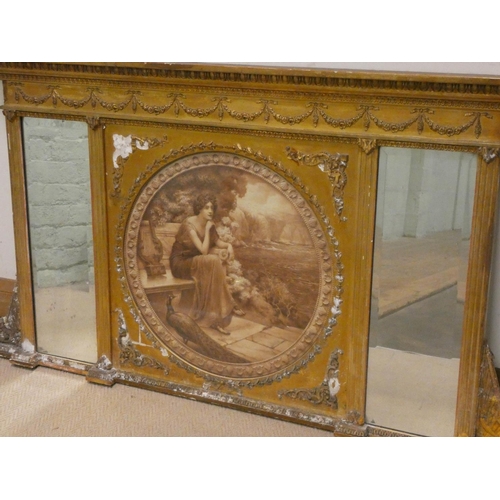 810 - A Victorian gilt framed over mantel mirror with picture panel centre, 4' wide, 2'6 high