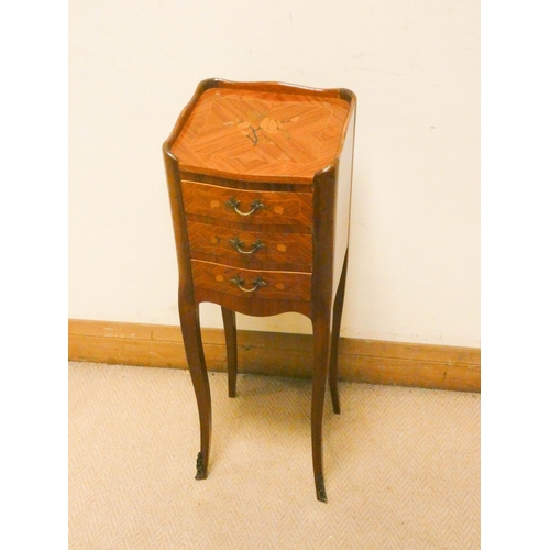 888 - A small French Kingswood satin wood marquetry inlaid bedside cabinet fitted three drawers with tray ... 