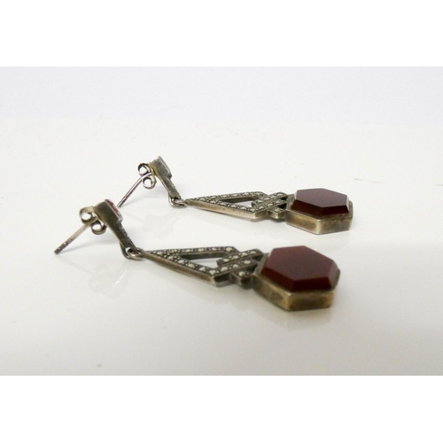 671 - A pair of Art Deco design marcasite and hard stone drop earrings