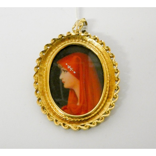 675 - Italian portrait 18ct gold framed pendant brooch, hand painted with a profile portrait of a lady in ... 