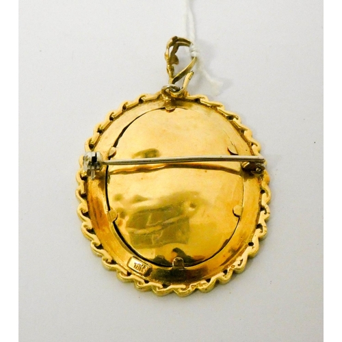 675 - Italian portrait 18ct gold framed pendant brooch, hand painted with a profile portrait of a lady in ... 