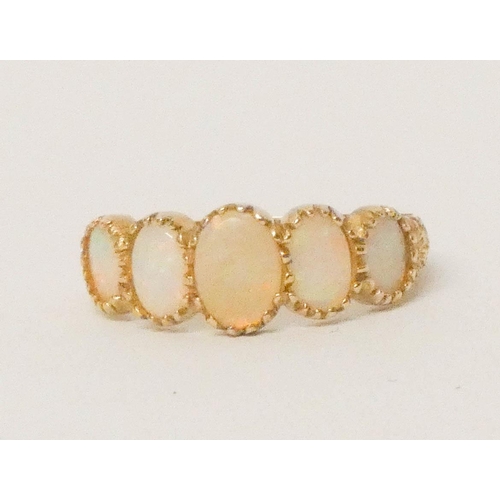 636 - Antique style five stone opal half hoop ring, on 9ct yellow gold band. ring size N