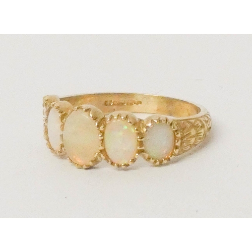 636 - Antique style five stone opal half hoop ring, on 9ct yellow gold band. ring size N