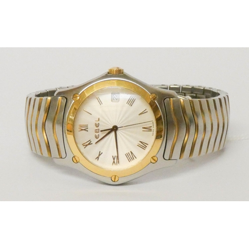 666 - Ebel - gentleman's 18ct gold and steel quartz wristwatch with signed calendar dial.