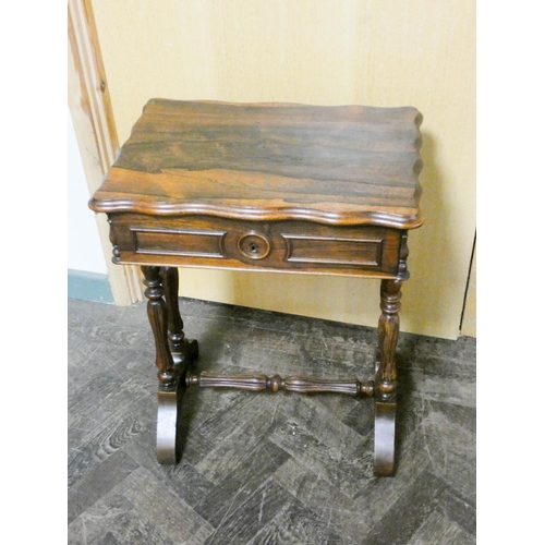 913 - Victorian rosewood lift top work table on reeded legs with stretcher, 21