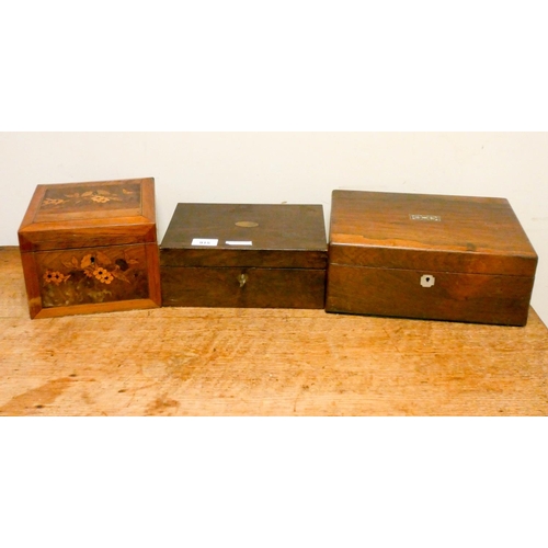 915 - Victorian floral marquetry inlaid box and two Victorian rosewood boxes